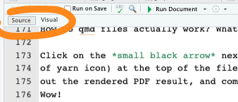 screen shot of buttons at the top of a qmd file that allow the user to switch between Source and Visual editor modes