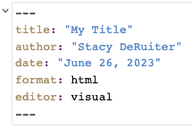 screenshot of the YAML header of a Quarto document in Visual editor mode, showing title, author, date, and format fields